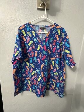 UA Scrubs Women's V-Neck Tunic in Navy with Multi-Color Flip-Flop Print